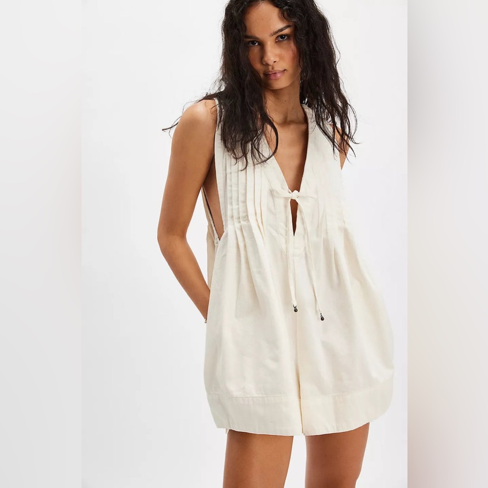 new Free People Webster denim romper in ecru cream wash
